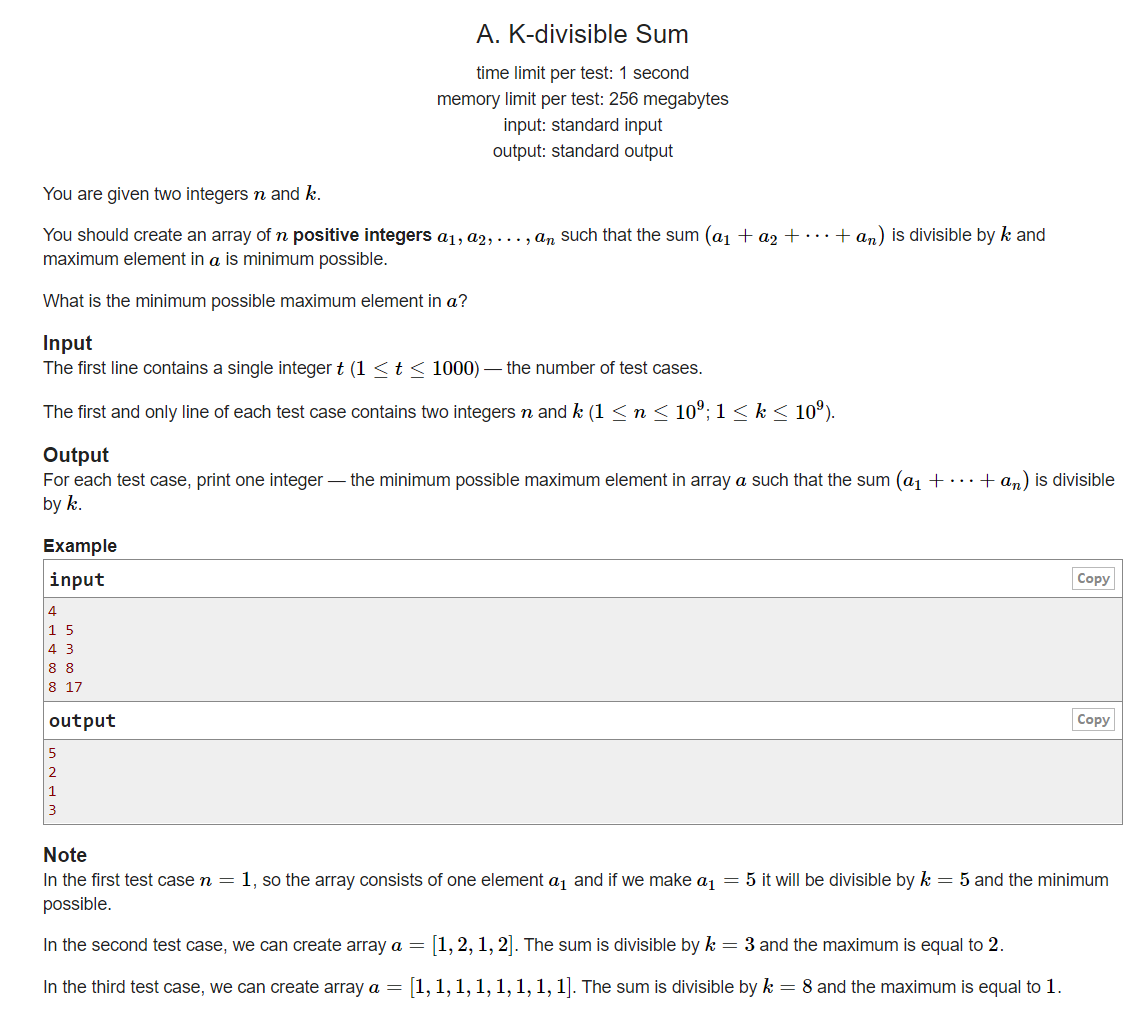 A. Kdivisible Sum 【1000 / 贪心】_codeforce 1476 aCSDN博客