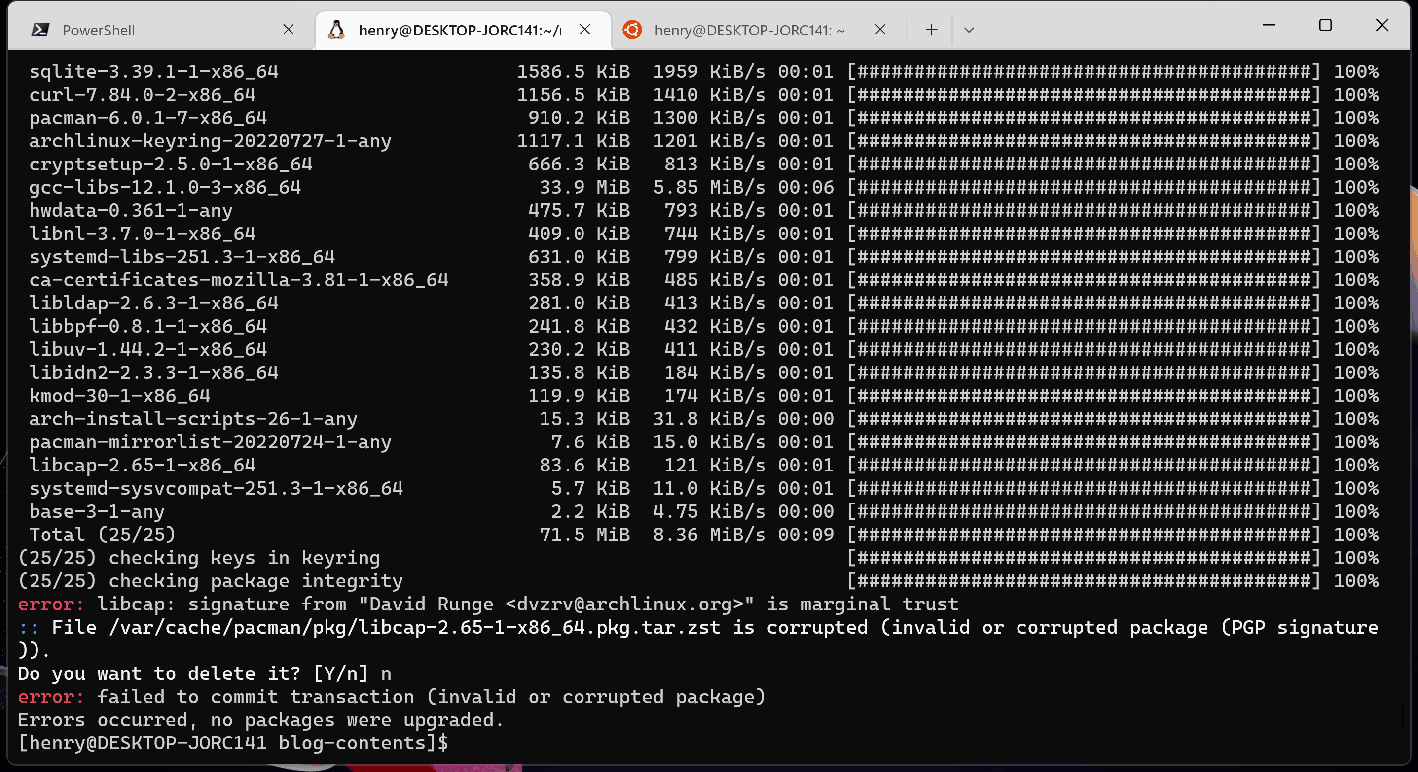 pacman 升级软件包提示 “failed to commit transaction (invalid or corrupted package)“