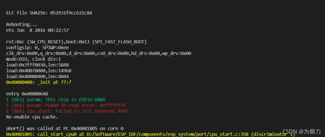 【esp-idf问题记录】I (863) psram: This chip is ESP32-D0WD E (864) psram ...