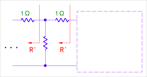 ▲ 图1.1.3 半边无限电阻网络的每一级都是等效电阻R'