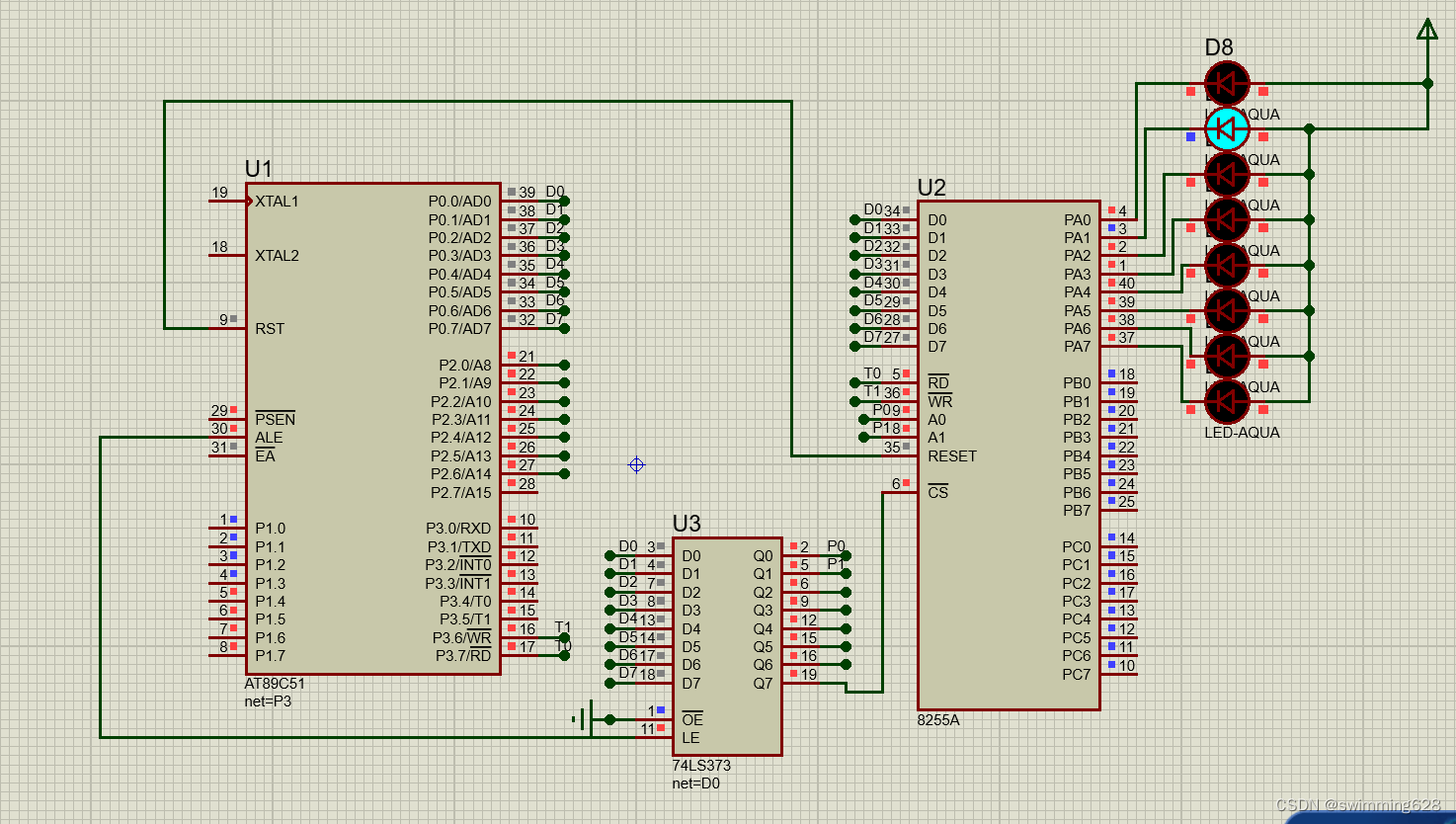 用proteus实现at89c51和8255进行通信,实现流水灯功能