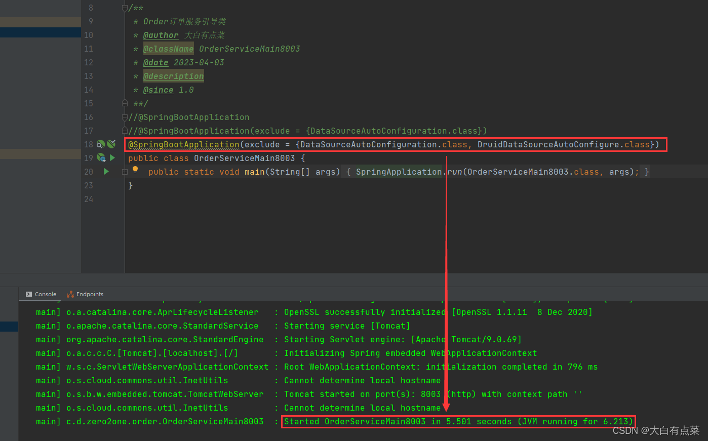 OrderServiceMain8003 引导类同时移除 DataSourceAutoConfiguration 和 DruidDataSourceAutoConfigure 自动配置类