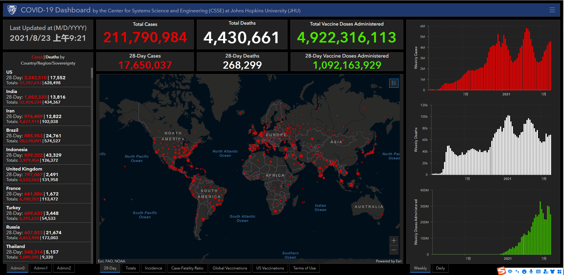 Johns Hopkins University Coronavirus COVID19 Dashboard（约翰斯·霍普金斯大学疫情地图