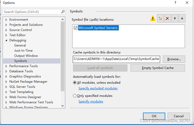 【Visual Studio】中每次用Debugger在Debug模式下运行程序总是会自动加载symbols server相关的内容