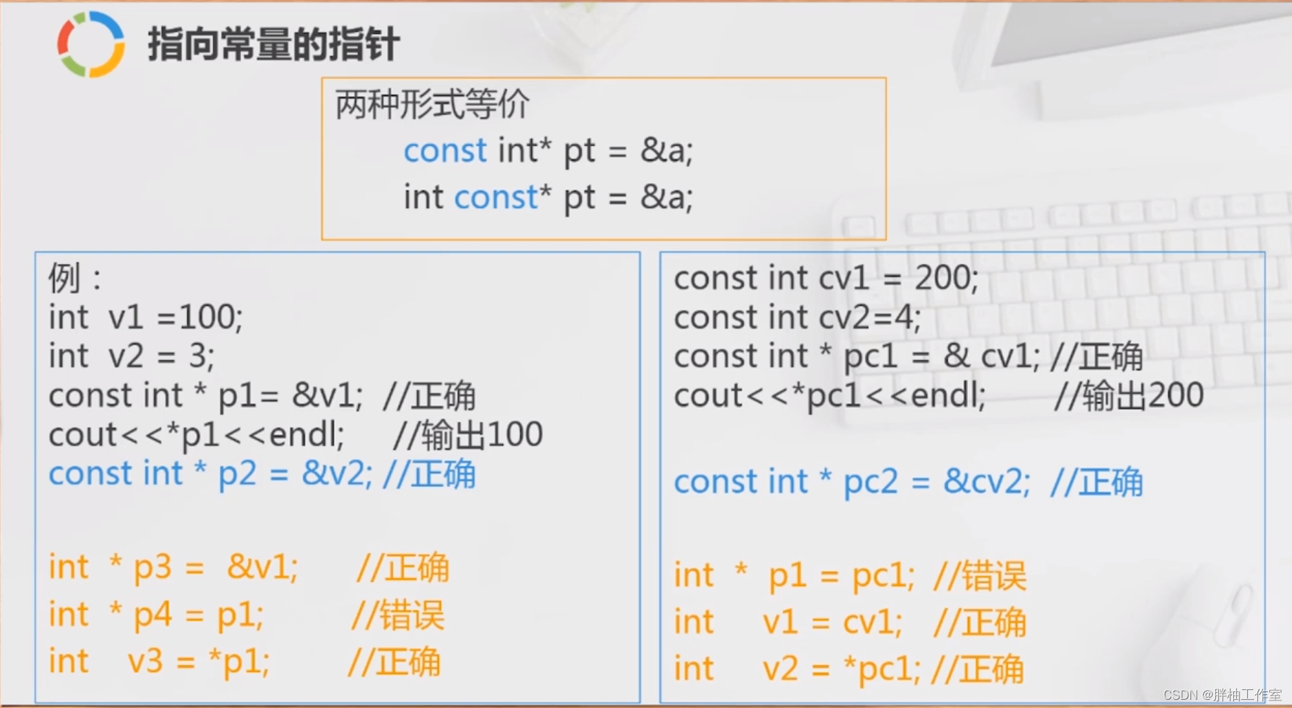 const int* pt 与int const* pt 完全等价，