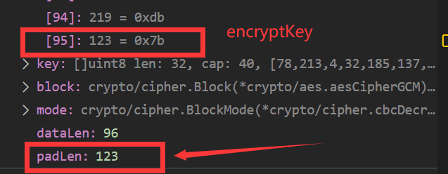 因为使用了错误口令进行解密，最后一个字节的数据padLen为123，远大于填充后明文的总长度96