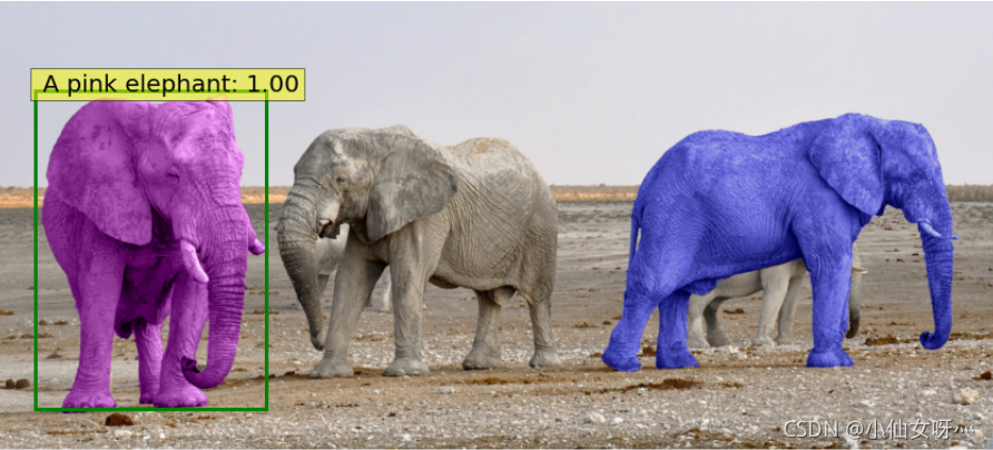 查询“粉红大象”的MDETR输出。颜色不是分割遮罩，而是像素的真实颜色。这位模特在训练中从未见过粉红或蓝色的大象