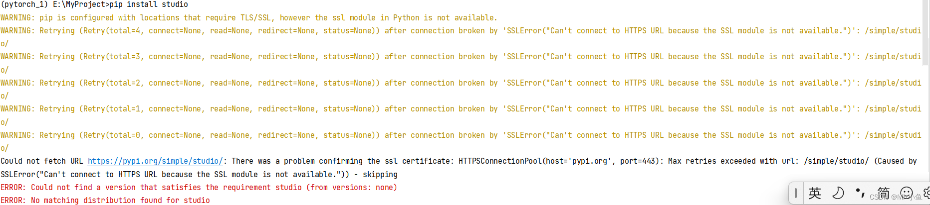 解决报错：Can‘t connect to HTTPS URL because the SSL module is not available.