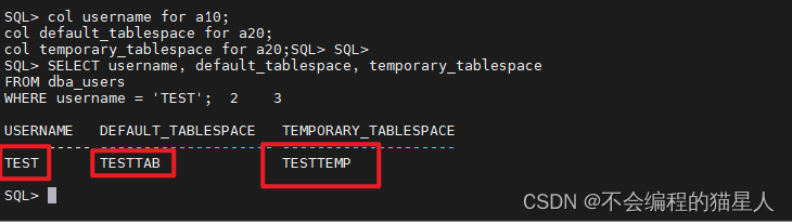 创建一个用户test且使用testtab表空间及testtemp临时表空间并授予其权限，密码随意