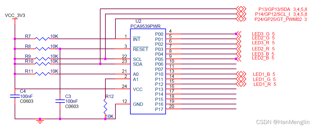 PCA9539接LED的电路图