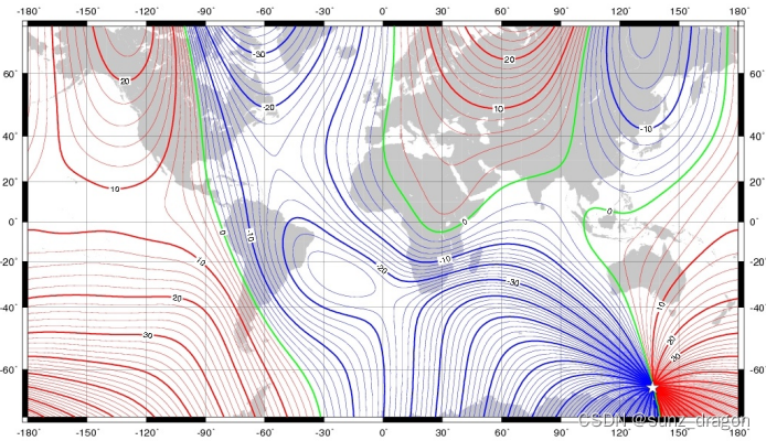 全球地磁偏角等值线图