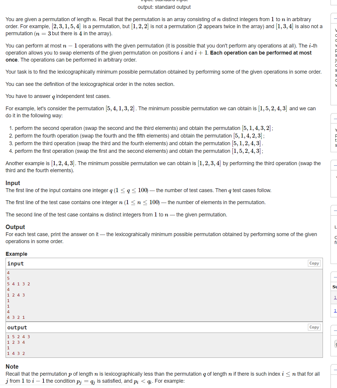 Codeforces Round #598 (Div. 3)-B. Minimize the Permutation(1400思维+贪心+排序)