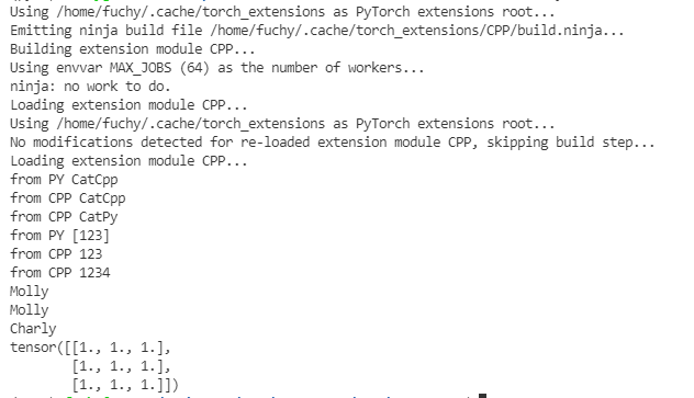 Emitting ninja build file /home/fuchy/.cache/torch_extensions/CPP/build.ninja...Building extension module CPP...Using envvar MAX_JOBS (64) as the number of workers...ninja: no work to do.Loading extension module CPP...Using /home/fuchy/.cache/torch_extensions as PyTorch extensions root...No modifications detected for re-loaded extension module CPP, skipping build step...Loading extension module CPP...from PY CatCppfrom CPP CatCppfrom CPP CatPyfrom PY [123]from CPP 123from CPP 1234MollyMollyCharlytensor([[1., 1., 1.],[1., 1., 1.],[1., 1., 1.]])