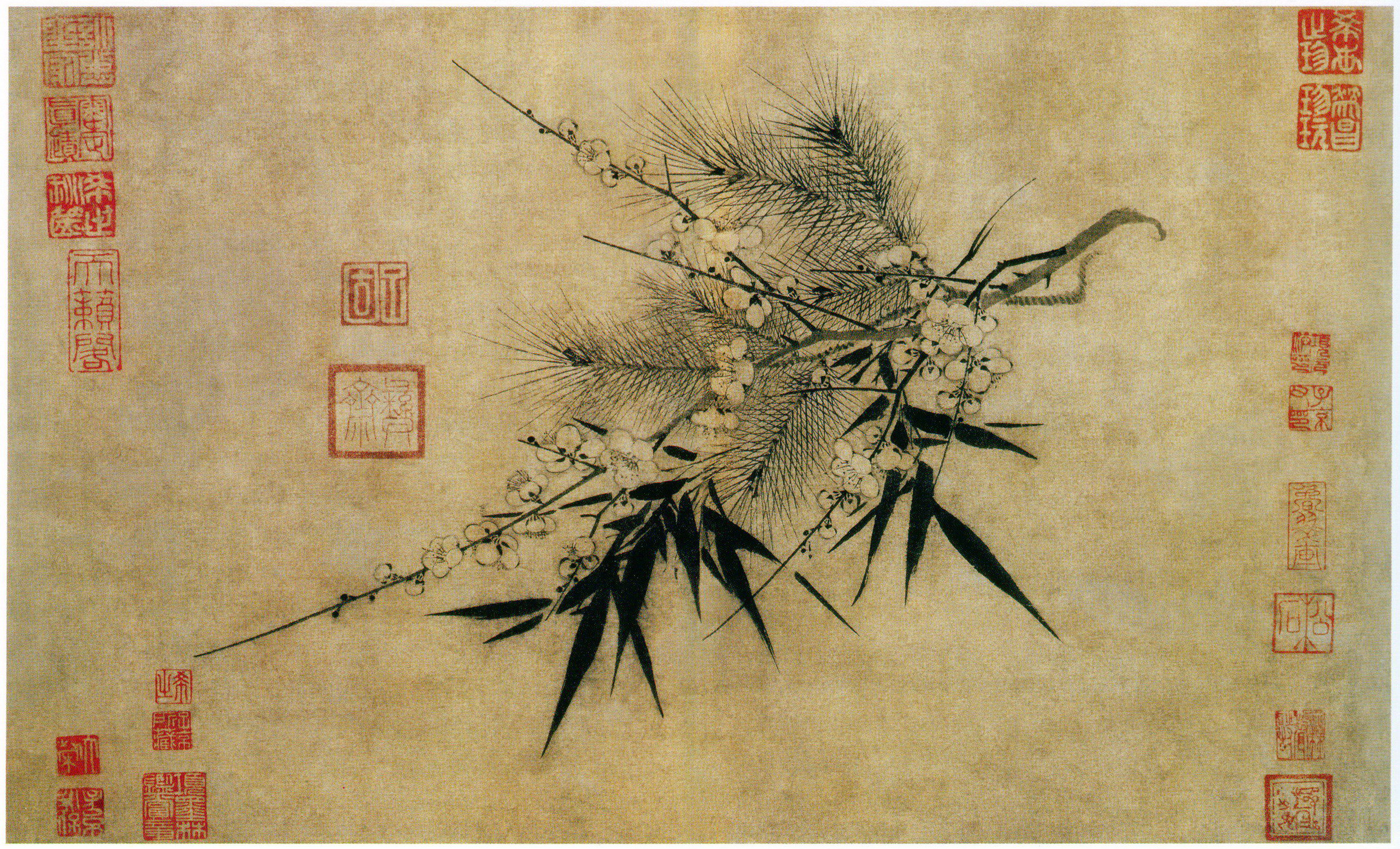 宋 赵孟坚《岁寒三友图》页,纸本,水墨,尺幅:32.2×53.4cm.