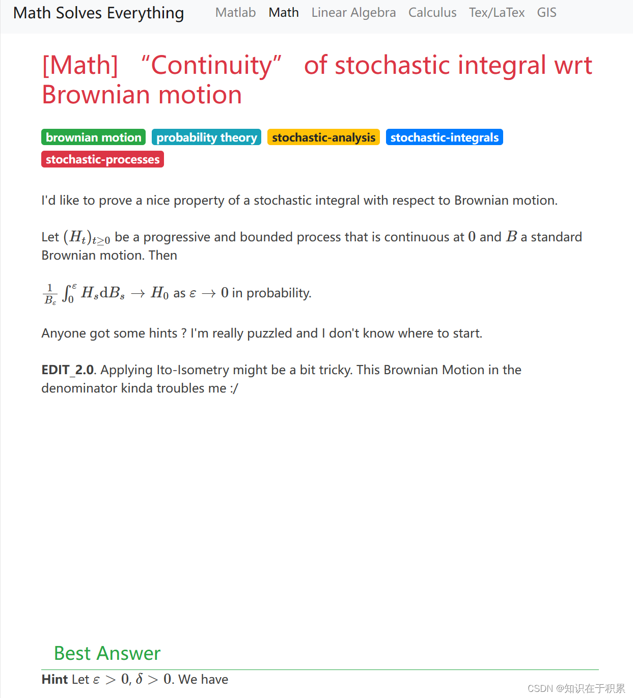 Continuity” of stochastic integral wrt Brownian motion