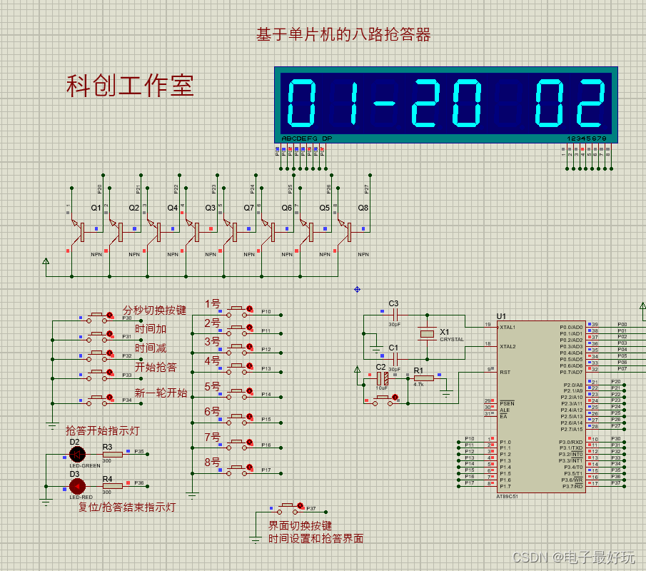 基于单片机的八路抢答器（数码管版）（独立按键、四位共阳极数码管、指示灯)