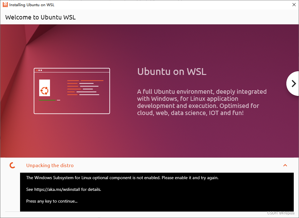 The Windows Subsystem for Linux optional component is not enabled. Please enable it and try again.