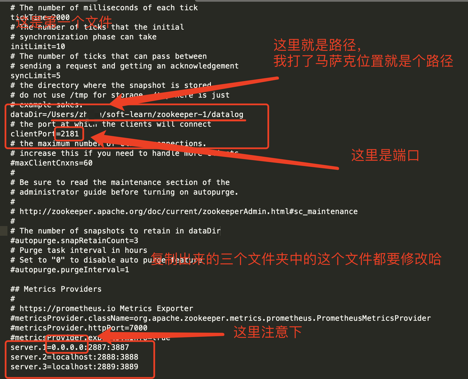 ޸Ķ˿: clientPort=2181޸Ŀ¼: dataDir=/ashura/zookeeper-1/datalog:server.1=localhost.:2887:3887 server.2=localhost.:2888:3888 server.3=localhost.:2889:3889 admin.serverPort=8000