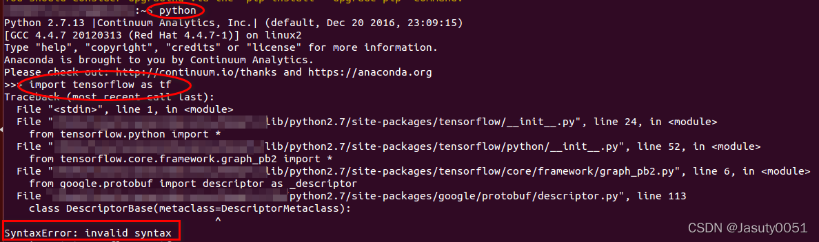 ubuntu14.04+anaconda3.10.0搭建python2.7+tensorflow1.5.0环境（导入tensorflow报SyntaxError: invalid syntax已解决）
