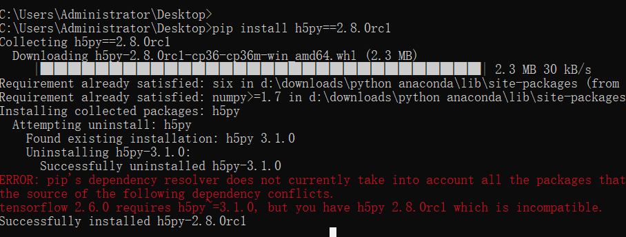 TensorFlow报错 Successfully uninstalled h5py-2.7.1