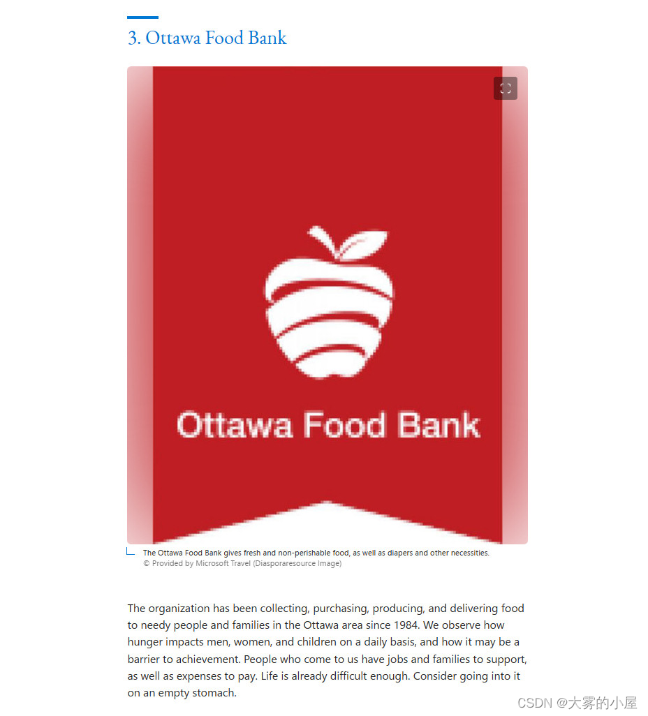 微软旅行的AI生成文章中“渥太华食物银行”导语的截图