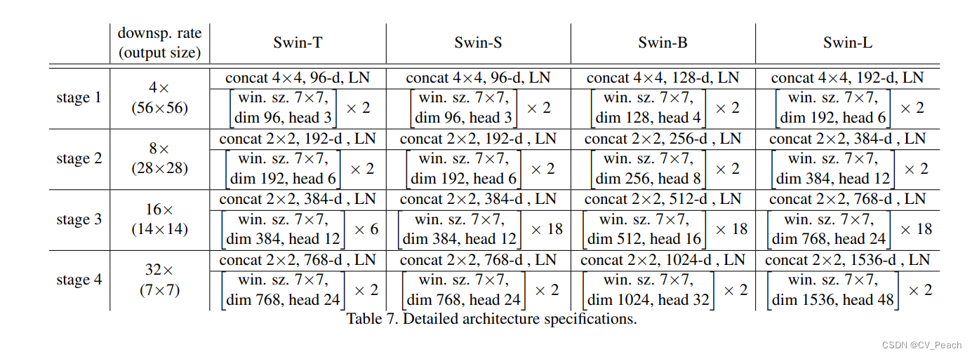 Swin Transformer models of different sizes