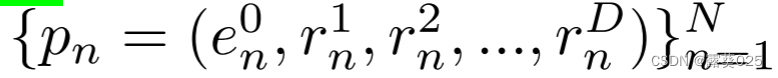 {pn =（e0 n，r1 n，r2 n，...，rD n）}N n=1