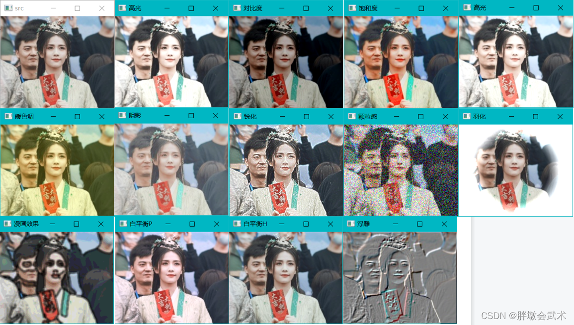 Opencv C++图像处理：亮度+对比度+饱和度+高光+暖色调+阴影+漫画效果+白平衡+浮雕+羽化+锐化+颗粒感