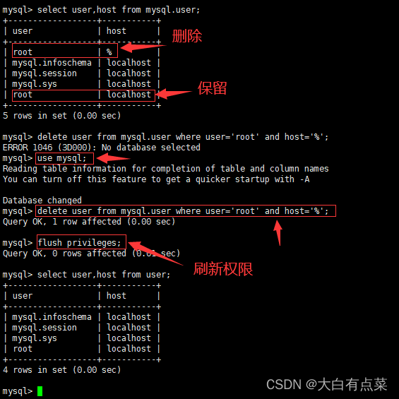 删除mysql数据库user表中 user="root"，host="%"的那条记录