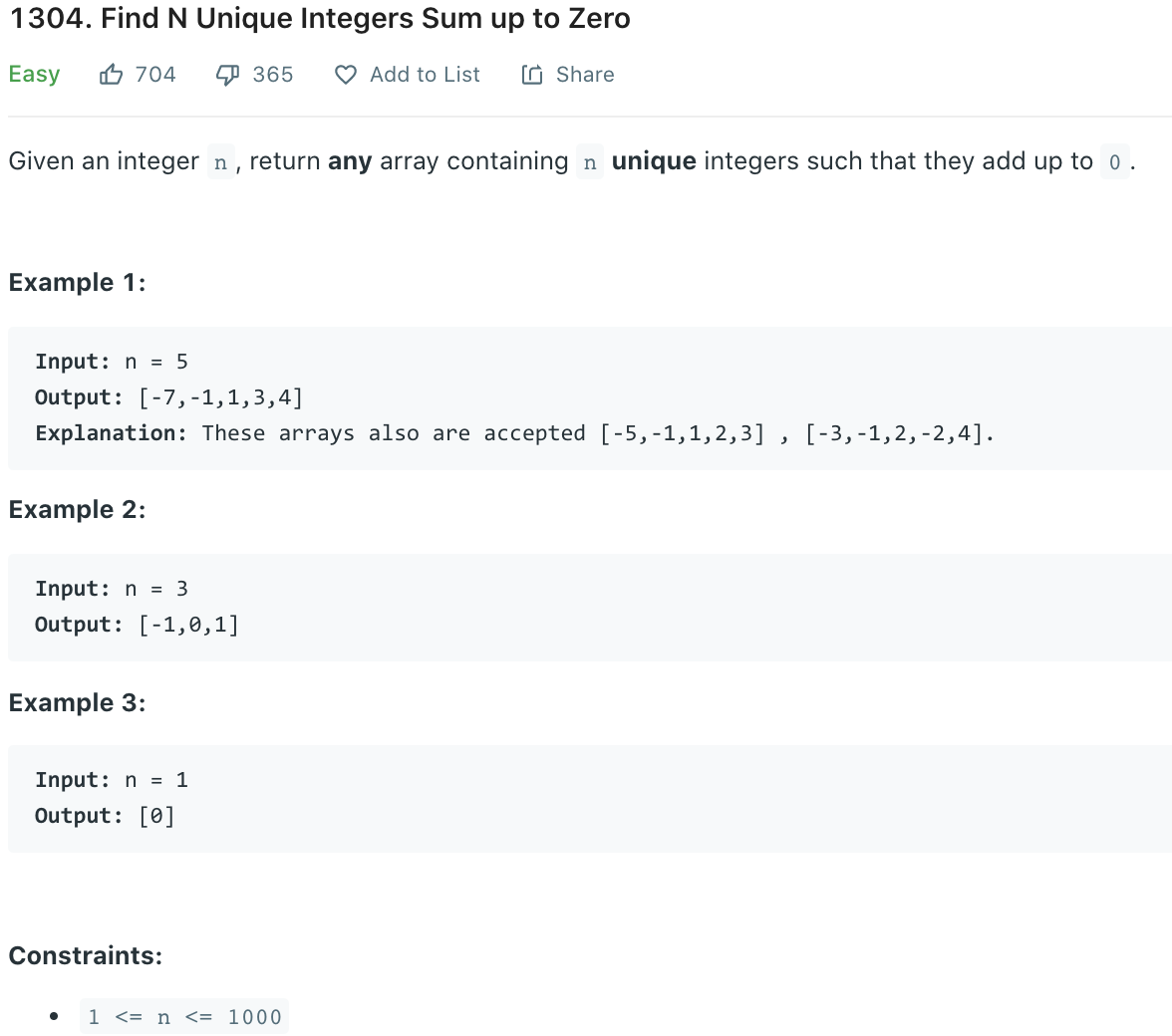 Find N Unique Integers Sum up to Zero