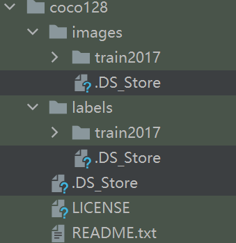 如图可以看出coco128数据集只有训练集和训练集的标签文件，并没有单独划分验证集