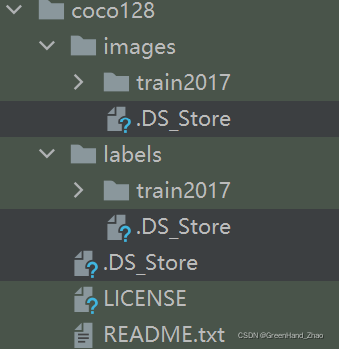 如图可以看出coco128数据集只有训练集和训练集的标签文件，并没有单独划分验证集