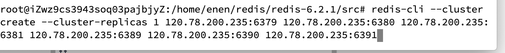 redis-cli --cluster create --cluster-replicas 1 120.78.200.235:6379 120.78.200.235:6380 120.78.200.235:6381 120.78.200.235:6389 120.78.200.235:6390 120.78.200.235:6391