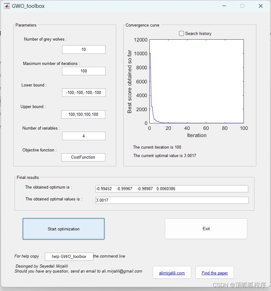 61基于matlab的GWO算法的参数工具箱，图形界面，目标函数的默认名称为CostFunction。