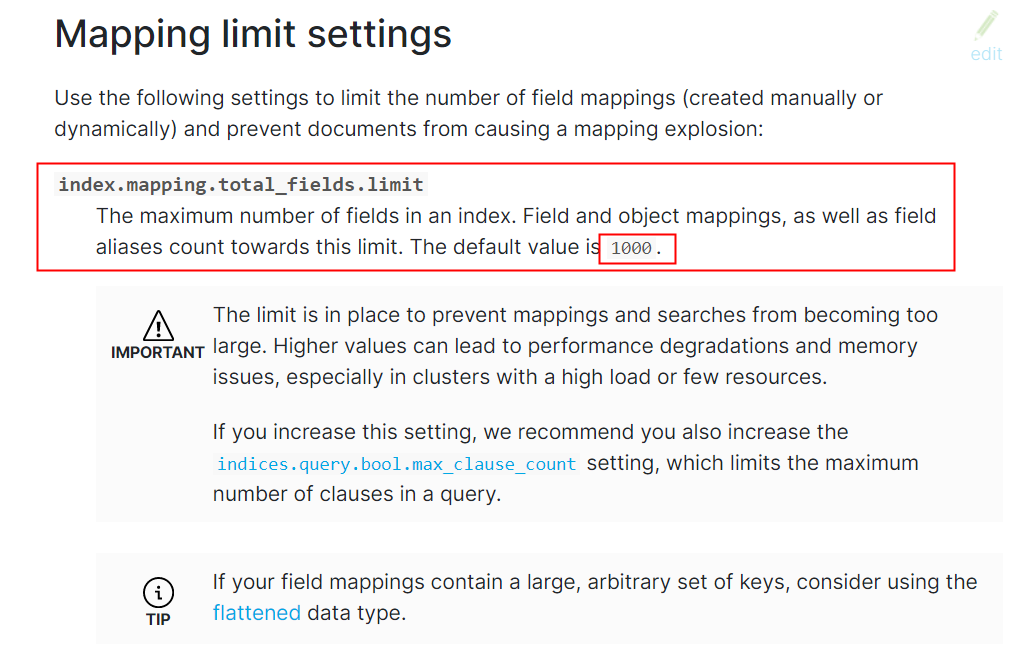 es官网提示：total fields的默认值是1000