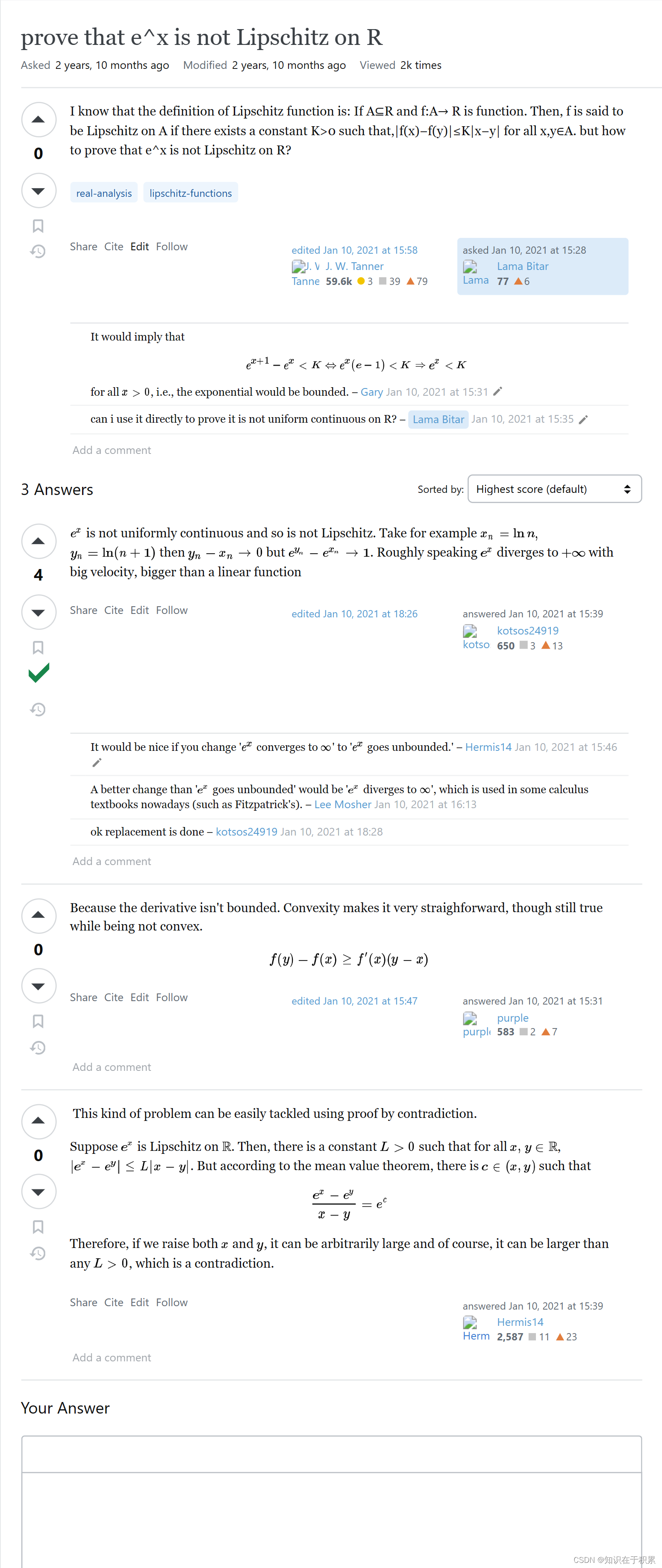 Prove that exponential function f(x)=e^x is not Lipschitz on R