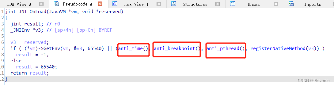 图12 查看JNI_OnLoad后发现三个反调试的函数