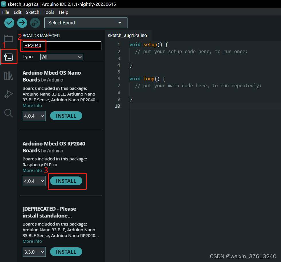 打开Arduino IDE-->工具-->开发板管理器-->arduino mbed os rp2040 boards，点击安装