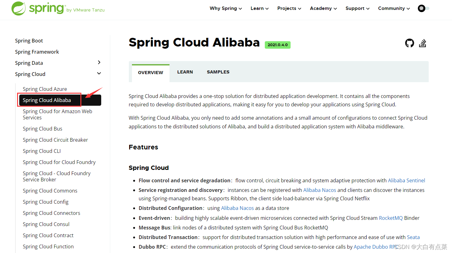 找到 Spring Cloud Alibaba 对应的页面