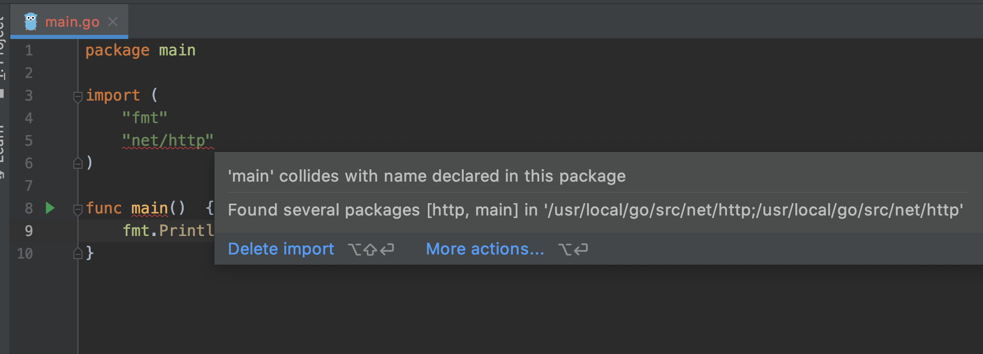 Goland报错 ‘main‘ collides with name declared in this package 或 Found several packages [http, main]
