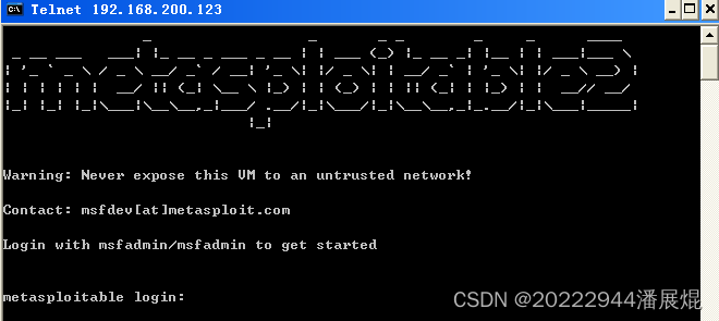 在Kali Linux攻击机输入telnet 192.168.200.123（Linux靶机的IP地址）