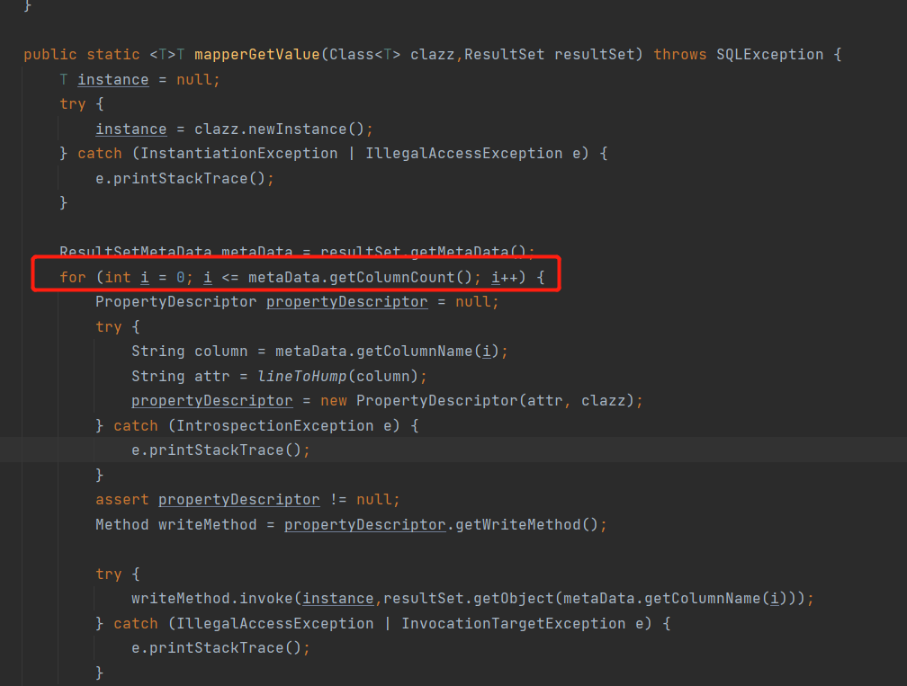 sqlresultset resultsetmetadatagetcolumncount() out of range