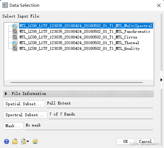 可以看到 选中的影像在下方“Spectral Subset”中显示的是“7 of 7 Bands”