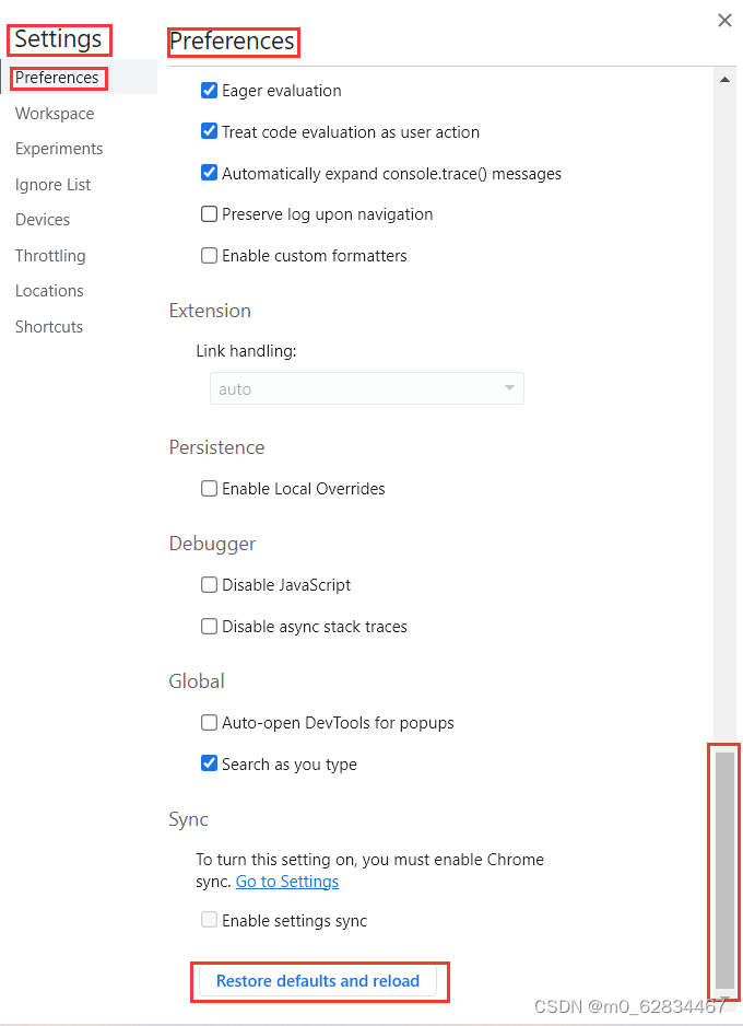 Google Chrome谷歌浏览器F12开发者页面恢复默认值并重新加载（Restore Defaults And Reload）设置方法 