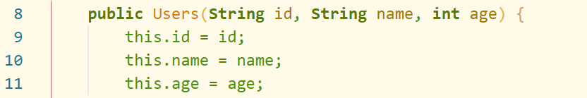  public Users(String id, String name, int age) {
this.id = id;
this.name = name;
this.age = age;
}