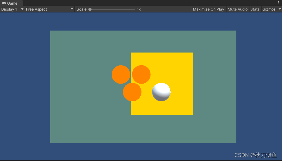 但是在Game视图中我们发现那三个橙色球体居然跑到第二层黄色背景之上来了，这就出现了模型穿透问题