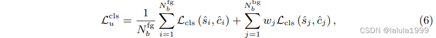 [ L_{\text{cls} u} = \frac{1}{N_{fg b}} \sum_{i=1}^{N_{fg b}} L_{\text{cls}} (\hat{s}_i, \hat{c}_i) + \frac{1}{N_{bg b}} \sum_{j=1}^{N_{bg b}} w_j L_{\text{cls}} (\hat{s}_j, \hat{c}_j) ]