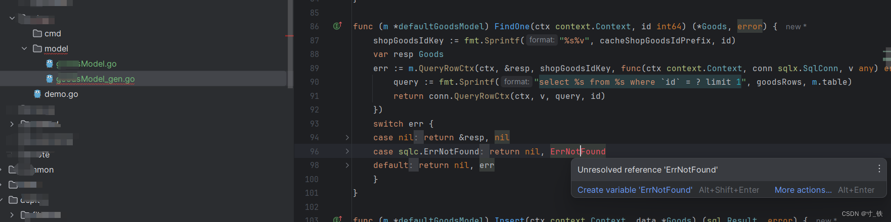 【<span style='color:red;'>Go</span>-Zero】goctl生成model层后<span style='color:red;'>报</span><span style='color:red;'>错</span>Unresolved reference ‘ErrNotFound‘<span style='color:red;'>解决</span>方案