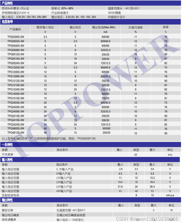 3W 3KVDC 隔离单输出 DC/DC 电源模块——TPG-3W 系列